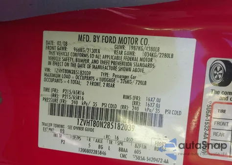 2008 Ford Mustang V6 Deluxe/V6 Premium from USA, damaged, VIN 1ZVHT80N285182039